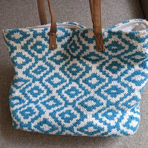 Blue and White Woven Tote Bag